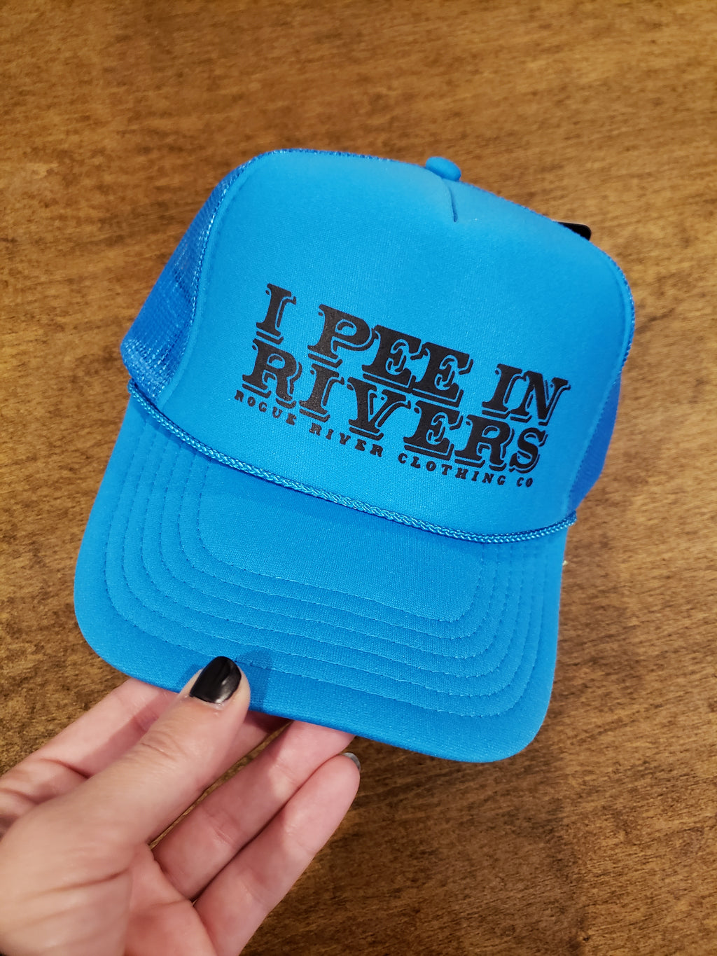 I Pee In Rivers Trucker Hat Neon Blue