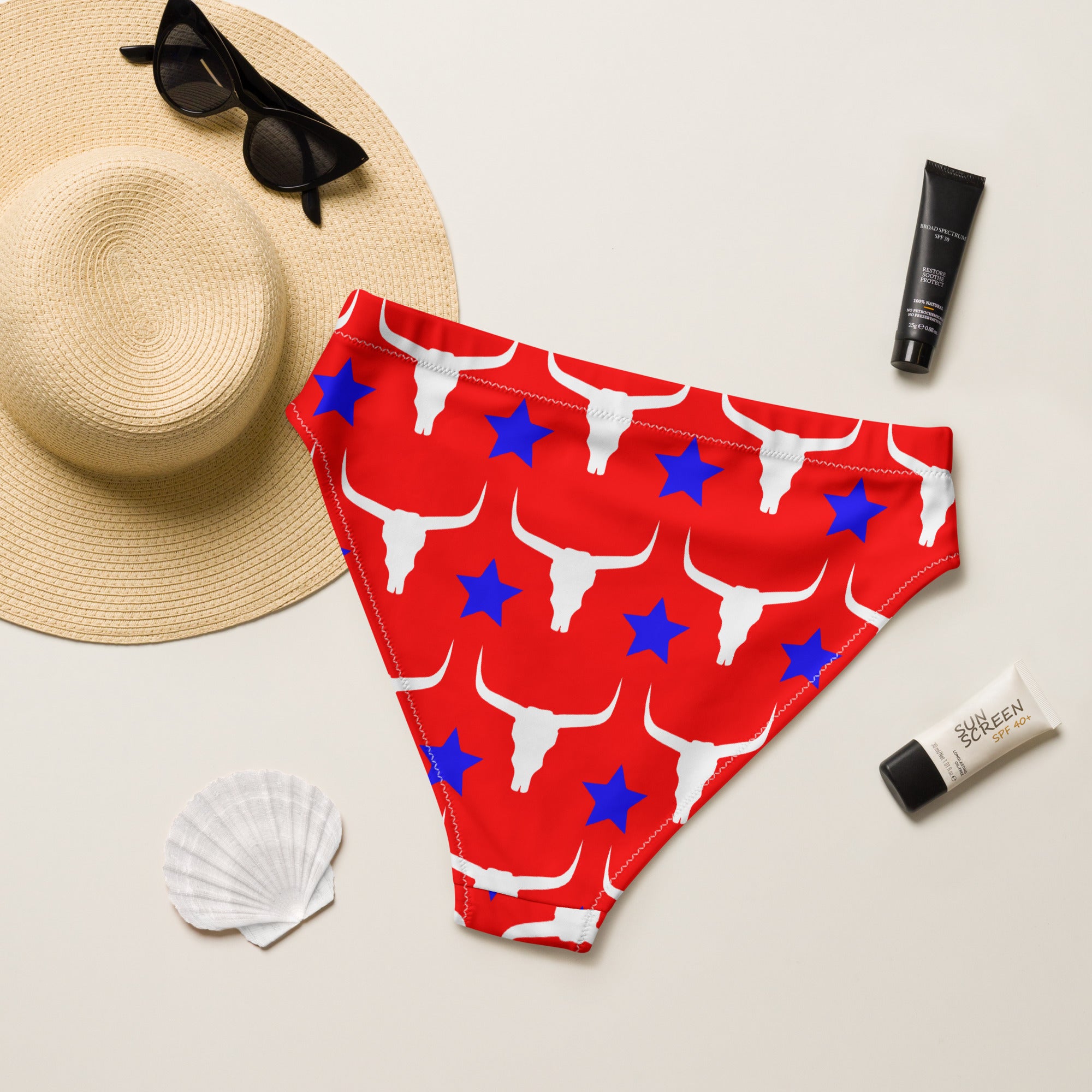 Red Patriotic Longhorn High Waisted Bikini Bottom