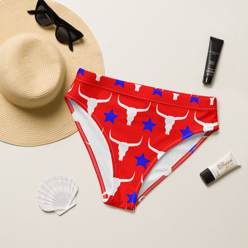 Red Patriotic Longhorn High Waisted Bikini Bottom