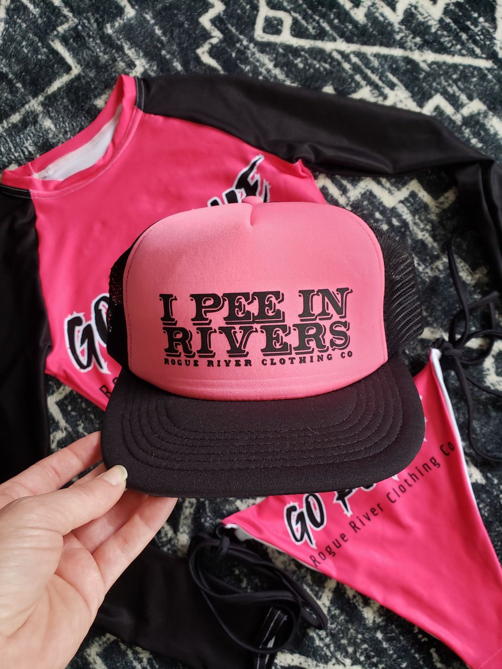 I Pee In Rivers Trucker Hat Pink/Black