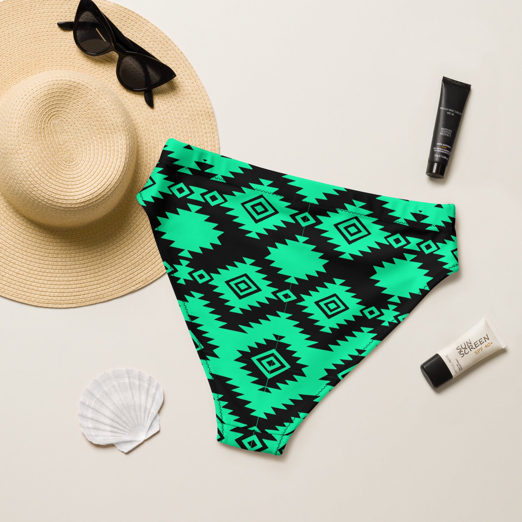 Teal & Black Aztec High Waist Bikini Bottom