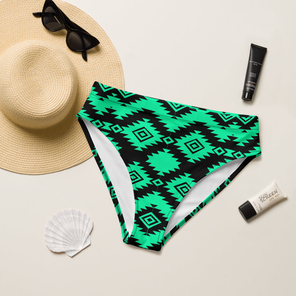 Teal & Black Aztec High Waist Bikini Bottom
