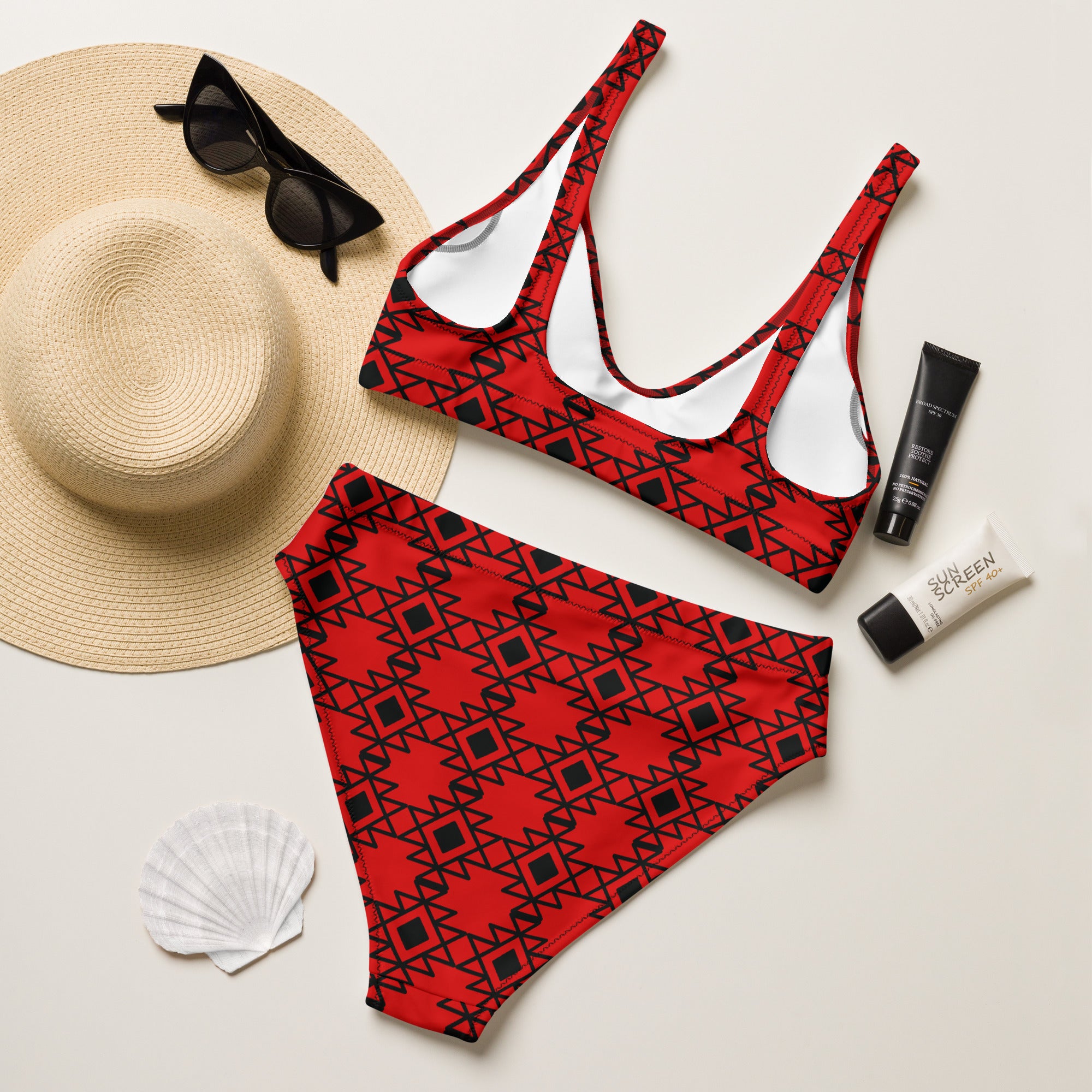 Red Aztec High Waist Bikini