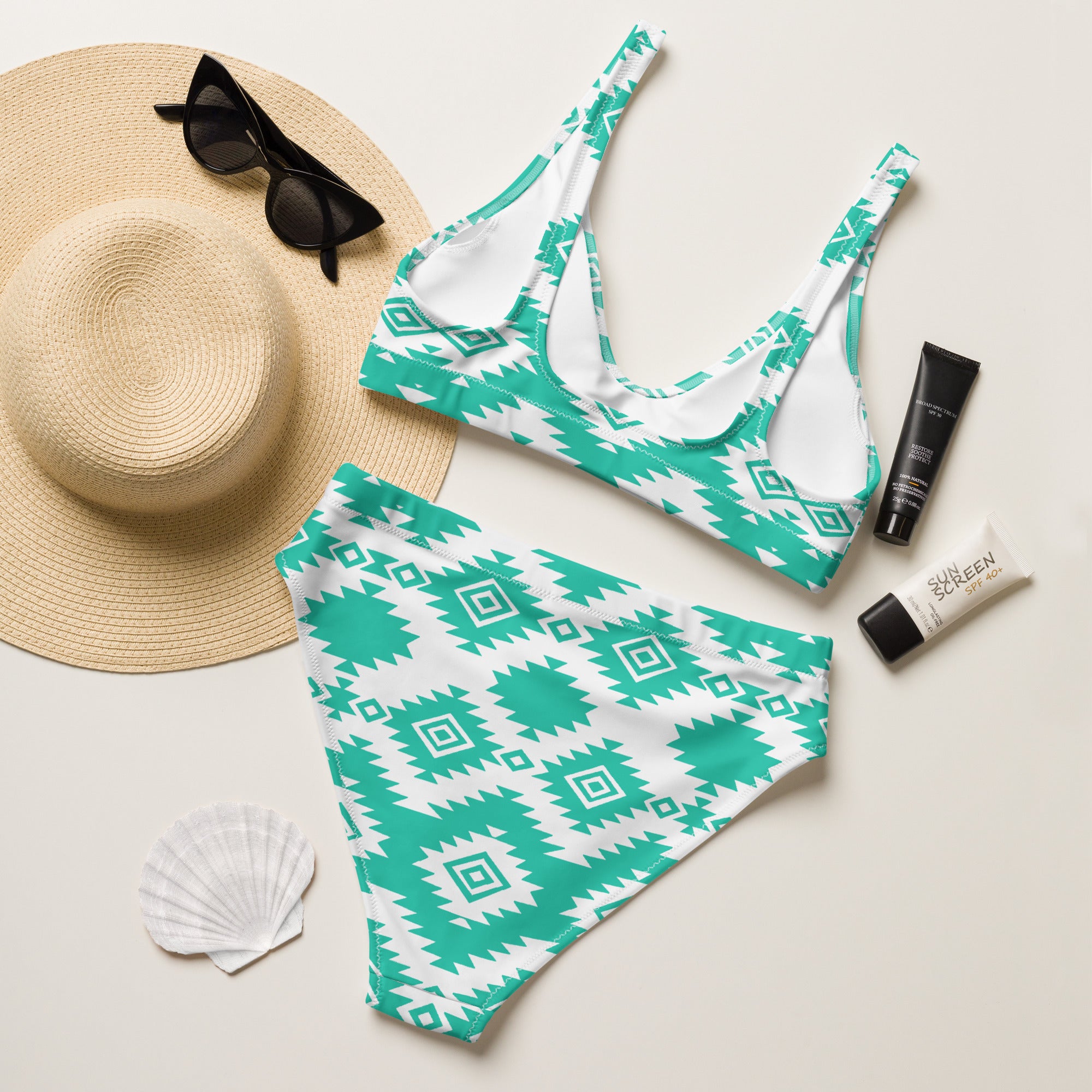 Turq/White High Waist Bikini