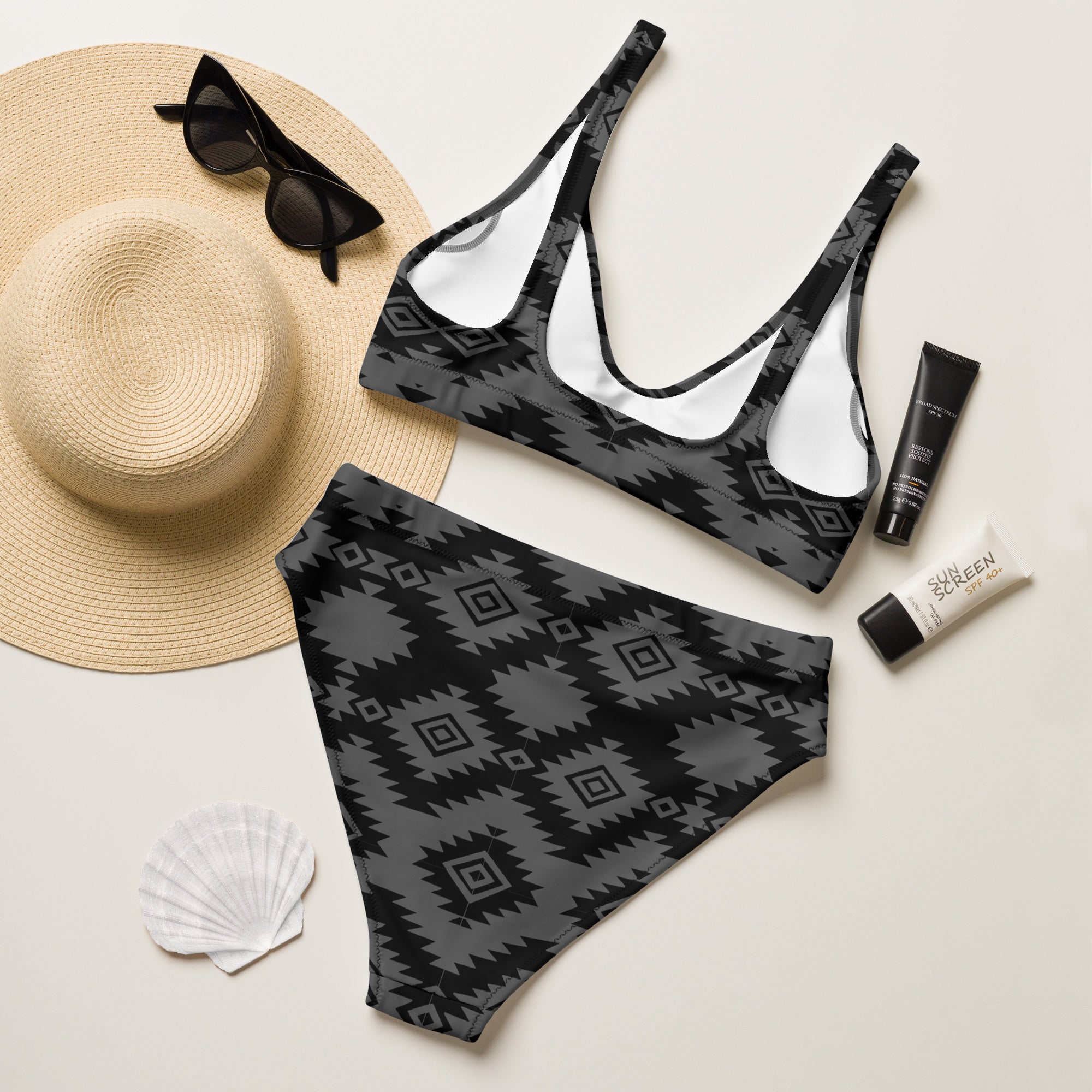Black & Grey Aztec High Waist Bikini