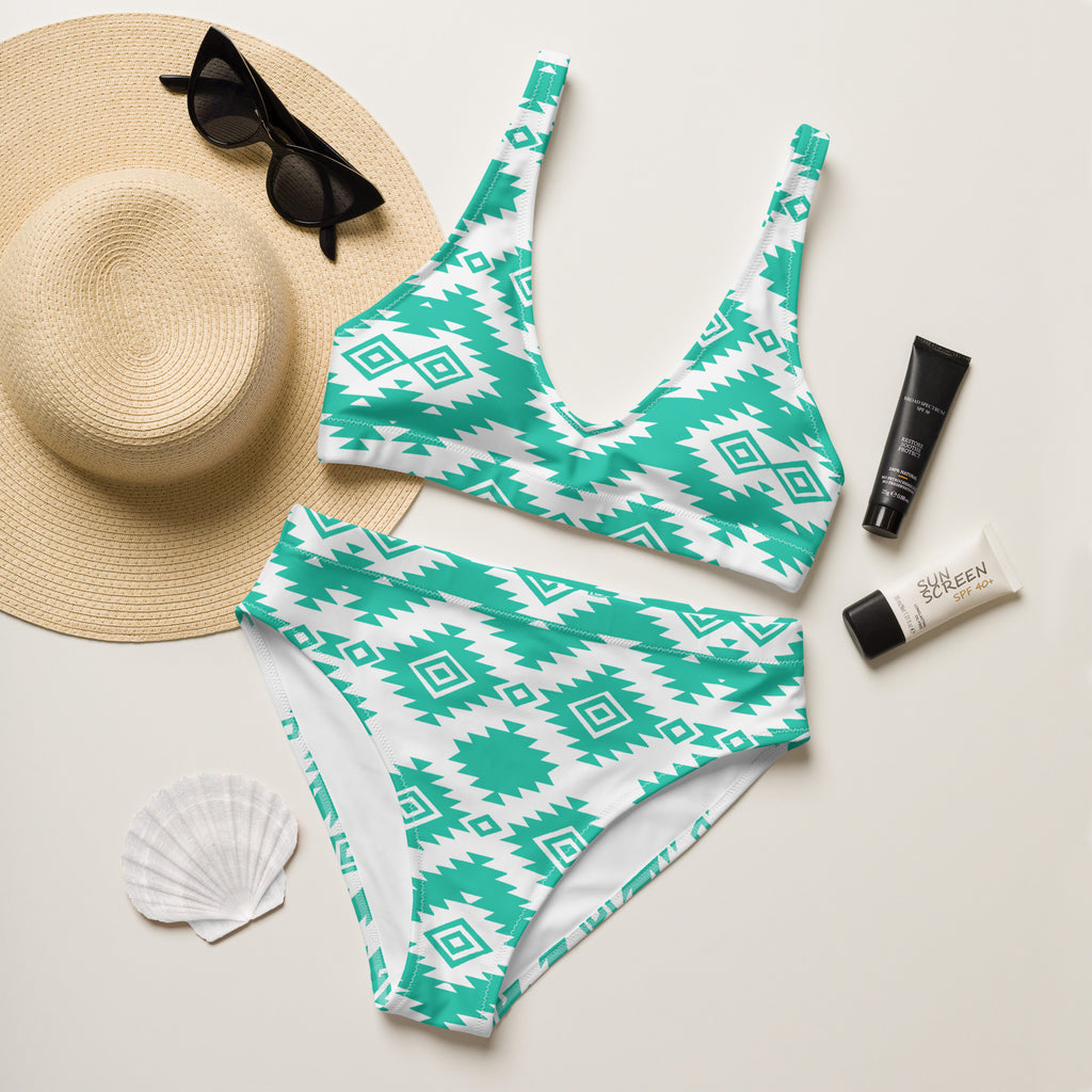 Turq/White High Waist Bikini