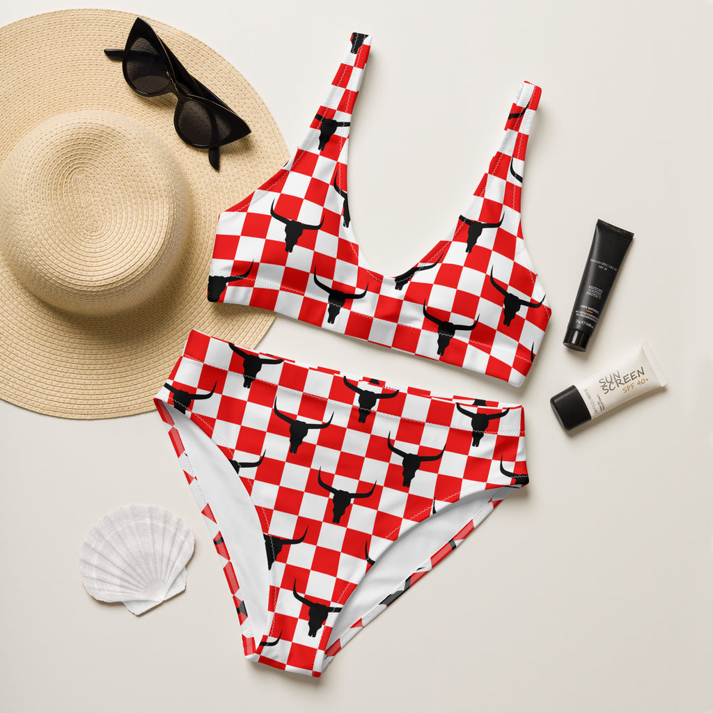 Red Longhorn Check High Waist Bikini